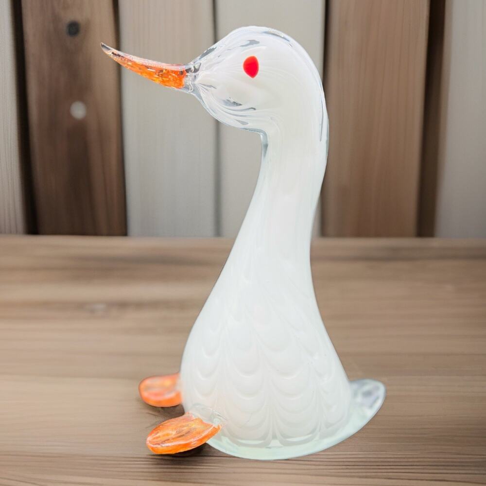 Studio Blown Art Glass White Pulled Feather Duck Figurine 9.5” Swirls READ
